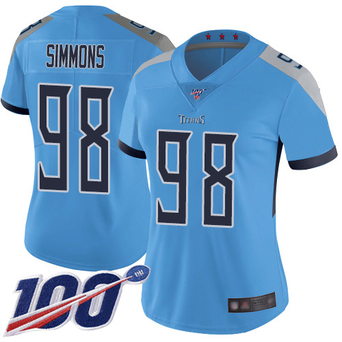Titans #98 Jeffery Simmons Light Blue Alternate Women's Stitched 100th Season Vapor Limited Jersey