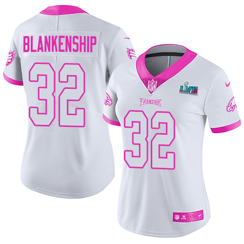 Eagles #32 Reed Blankenship White/Pink Super Bowl LVII Patch Women's Stitched Limited Rush Fashion Jersey