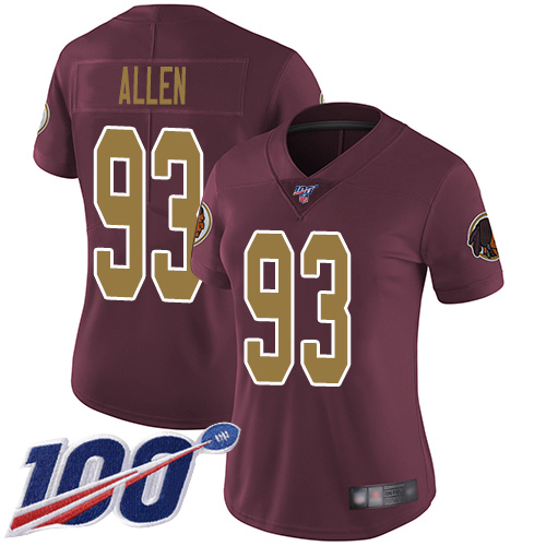 Commanders #93 Jonathan Allen Burgundy Red Alternate Women's Stitched 100th Season Vapor Limited Jersey