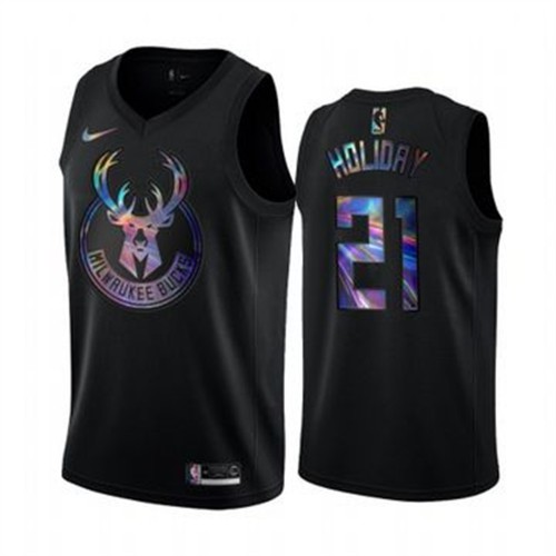Milwaukee Bucks #21 Jrue Holiday Mens Iridescent Holographic Collection Jersey - Black Mens