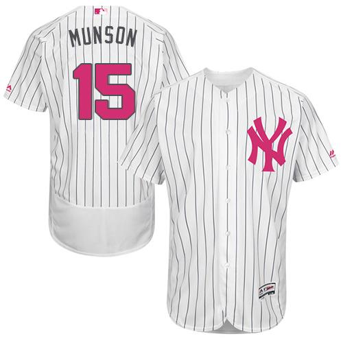 New York Yankees #15 Thurman Munson White Strip Flexbase Authentic Collection Mother's Day Stitched Jersey Men's