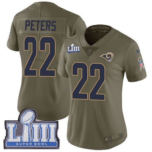 Los Angeles Rams #22 Marcus Peters Olive Super Bowl LIII Bound Women's Stitched Limited 2017 Salute to Service Jersey Womens