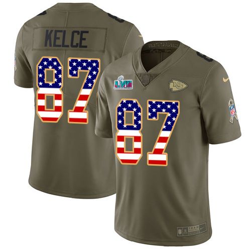 Chiefs #87 Travis Kelce Olive/USA Flag Super Bowl LVII Patch Men's Stitched Limited 2017 Salute To Service Jersey