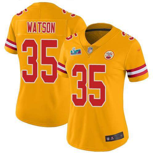 Chiefs #35 Jaylen Watson Gold Super Bowl LVII Patch Women's Stitched Limited Inverted Legend Jersey