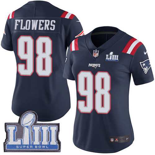 New England Patriots #98 Trey Flowers Navy Blue Super Bowl LIII Bound Women's Stitched Limited Rush Jersey Womens
