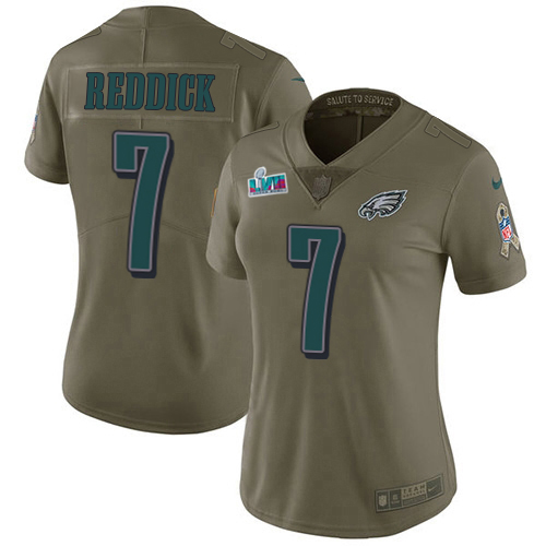 Eagles #7 Haason Reddick Olive Super Bowl LVII Patch Women's Stitched Limited 2017 Salute To Service Jersey