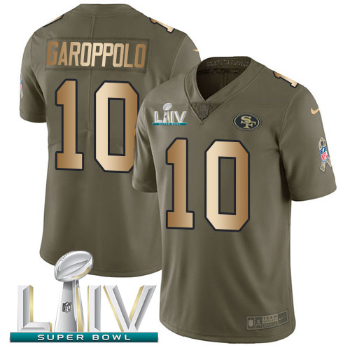 49ers #10 Jimmy Garoppolo Olive/Gold Super Bowl LIV 2020 Men's Stitched Limited 2017 Salute To Service Jersey