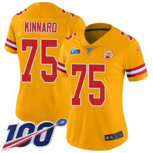 Chiefs #75 Darian Kinnard Gold Super Bowl LVII Patch Women's Stitched Limited Inverted Legend 100th Season Jersey