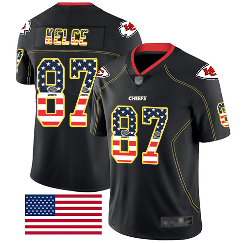 Chiefs #87 Travis Kelce Black Men's Stitched Limited Rush USA Flag Jersey