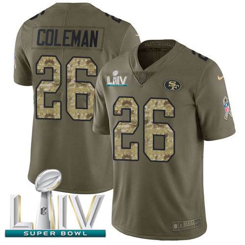 San Francisco 49ers #26 Tevin Coleman Olive/Camo Super Bowl LIV 2020 Men's Stitched Limited 2017 Salute To Service Jersey Men's