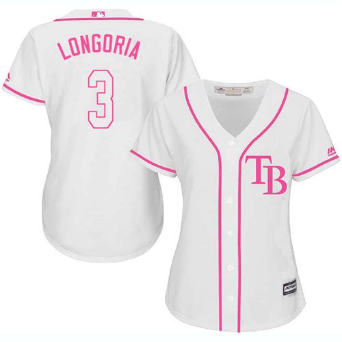 Tampa Bay Rays #3 Evan Longoria White/Pink Fashion Women's Stitched Jersey Womens