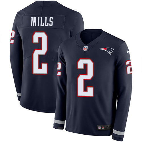 Patriots #2 Jalen Mills Navy Blue Team Color Men's Stitched Limited Therma Long Sleeve Jersey