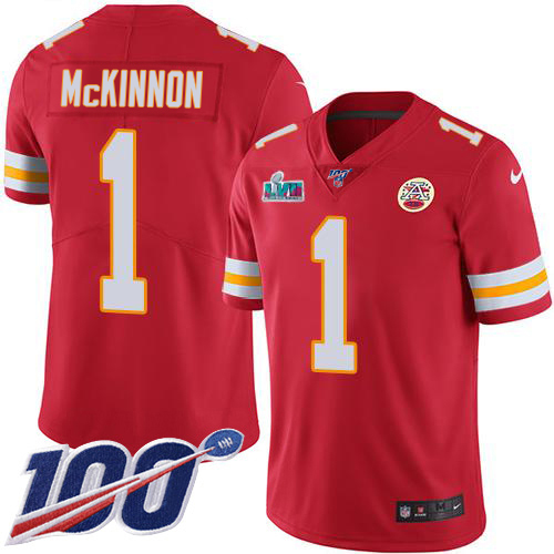 Chiefs #1 Jerick McKinnon Red Team Color Super Bowl LVII Patch Men's Stitched 100th Season Vapor Limited Jersey