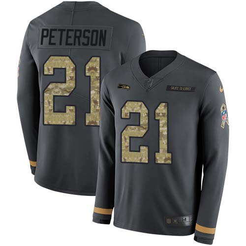 Seattle Seahawks ##21 Adrian Peterson Anthracite Salute to Service Men's Stitched Limited Therma Long Sleeve Jersey Men's