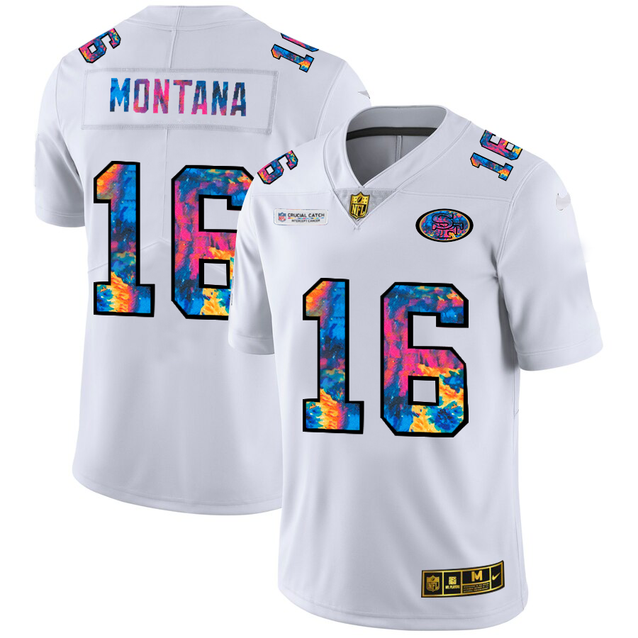 San Francisco 49ers #16 Joe Montana Men's White Multi-Color 2020 Crucial Catch Limited Jersey
