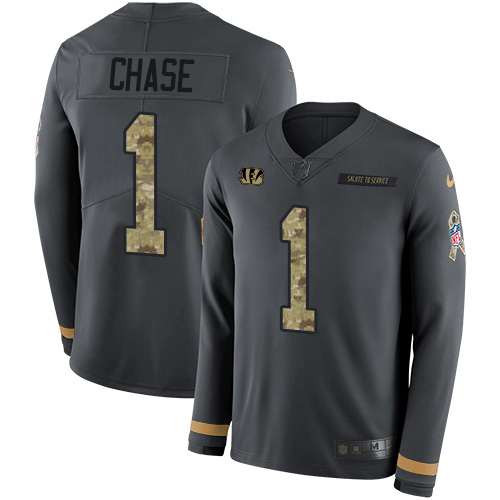 Bengals #1 Ja'Marr Chase Anthracite Salute To Service Youth Stitched Limited Therma Long Sleeve Jersey