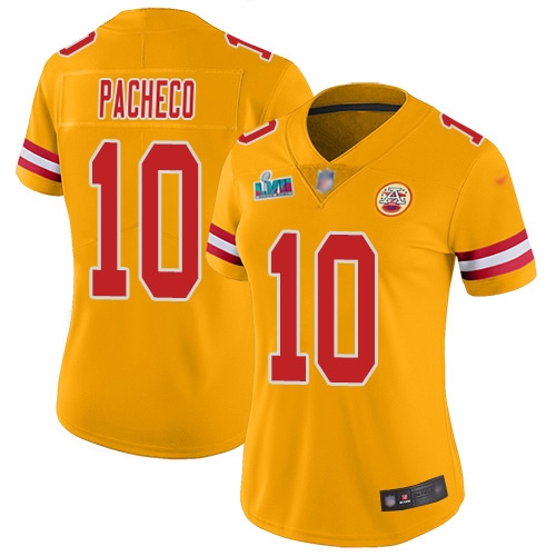 Chiefs #10 Isiah Pacheco Gold Super Bowl LVII Patch Women's Stitched Limited Inverted Legend Jersey