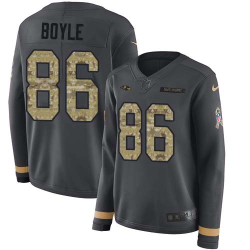 Baltimore Ravens #86 Nick Boyle Anthracite Salute to Service Women's Stitched Limited Therma Long Sleeve Jersey Womens