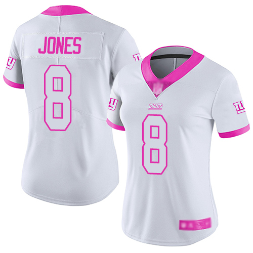 Giants #8 Daniel Jones White/Pink Women's Stitched Limited Rush Fashion Jersey