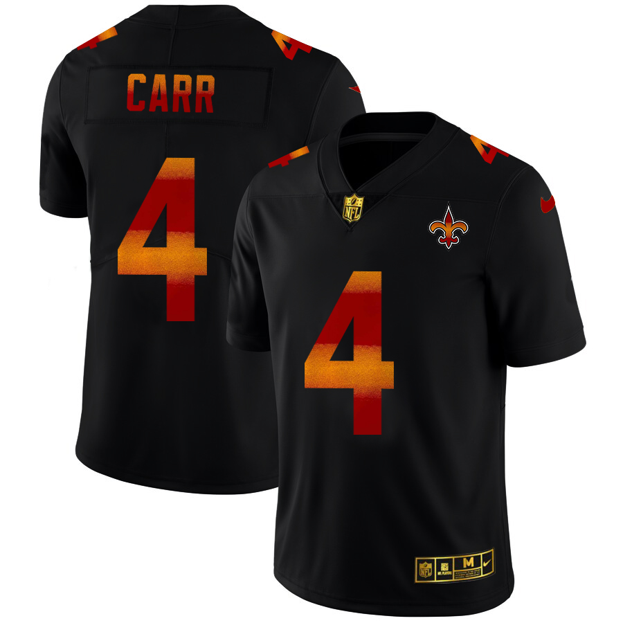 New Orleans Saints #4 Derek Carr Men's Black Red Orange Stripe Vapor Limited Jersey