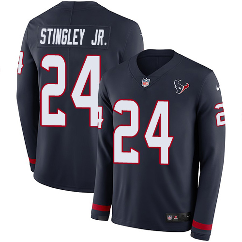 Texans #24 Derek Stingley Jr. Navy Blue Team Color Youth Stitched Limited Therma Long Sleeve Jersey