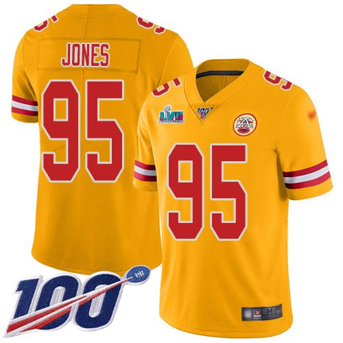 Chiefs #95 Chris Jones Gold Super Bowl LVII Patch Youth Stitched Limited Inverted Legend 100th Season Jersey