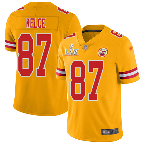 Chiefs #87 Travis Kelce Gold Youth Super Bowl LV Bound Stitched Limited Inverted Legend Jersey