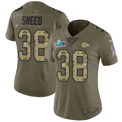 Chiefs #38 L'Jarius Sneed Olive/Camo Super Bowl LVII Patch Women's Stitched Limited 2017 Salute To Service Jersey