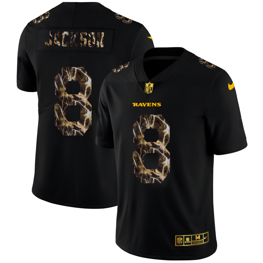 Baltimore Ravens #8 Lamar Jackson Men's Black Flocked Lightning Vapor Limited Jersey