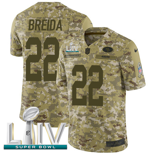 San Francisco 49ers #22 Matt Breida Camo Super Bowl LIV 2020 Men's Stitched Limited 2018 Salute To Service Jersey Men's