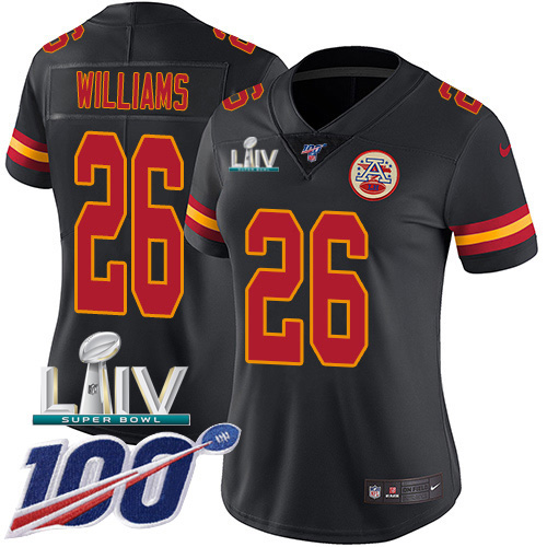 Kansas City Chiefs #26 Damien Williams Black Super Bowl LIV 2020 Women's Stitched Limited Rush 100th Season Jersey Womens