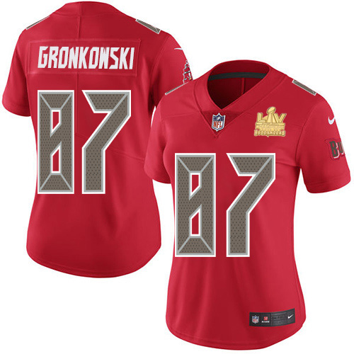 Buccaneers #87 Rob Gronkowski Red Women's Super Bowl LV Champions Patch Stitched Limited Rush Jersey