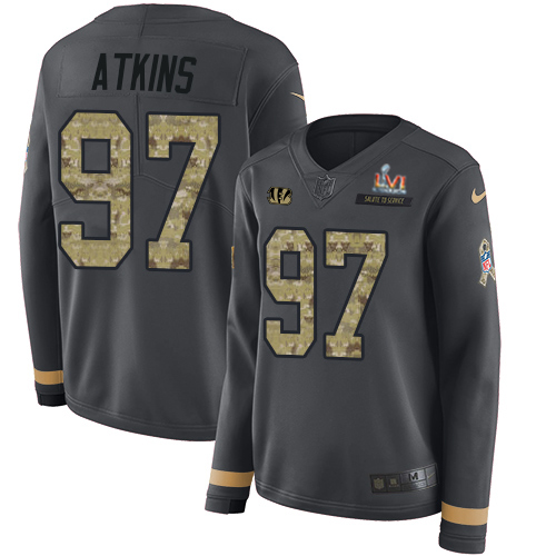 Cincinnati Bengals #97 Geno Atkins Anthracite Super Bowl LVI Patch Salute to Service Women's Stitched Limited Therma Long Sleeve Jersey Womens