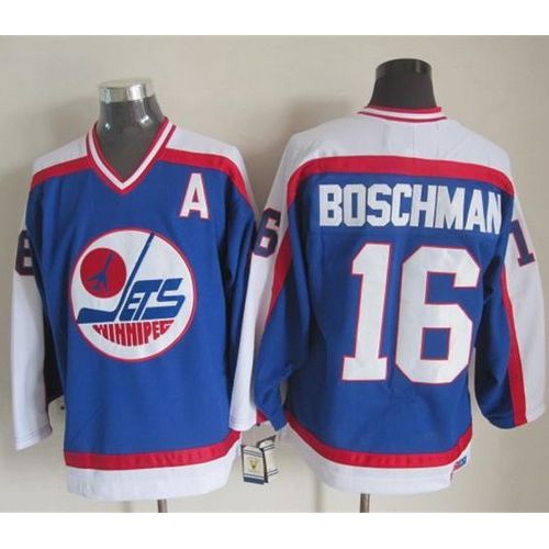 Winnipeg Jets #16 Laurie Boschman Blue/White CCM Throwback Stitched Jersey Men's