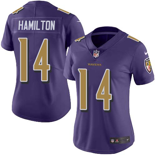 Ravens #14 Kyle Hamilton Purple Women's Stitched Limited Rush Jersey