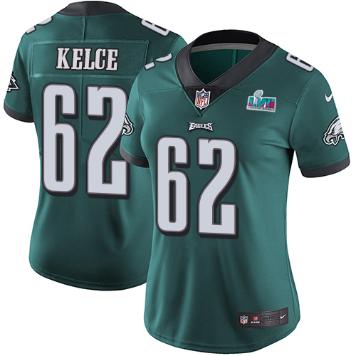 Eagles #62 Jason Kelce Green Team Color Super Bowl LVII Patch Women's Stitched Vapor Untouchable Limited Jersey