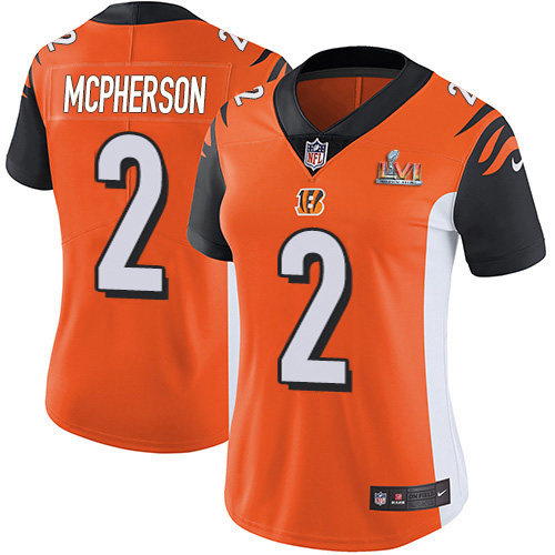Bengals #2 Evan McPherson Orange Alternate Super Bowl LVI Patch Women's Stitched Vapor Untouchable Limited Jersey