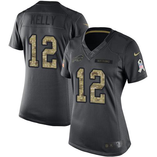 Bills #12 Jim Kelly Black Women's Stitched Limited 2016 Salute To Service Jersey