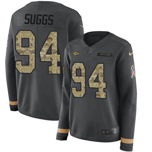 Kansas City Chiefs #94 Terrell Suggs Anthracite Salute to Service Women's Stitched Limited Therma Long Sleeve Jersey Womens