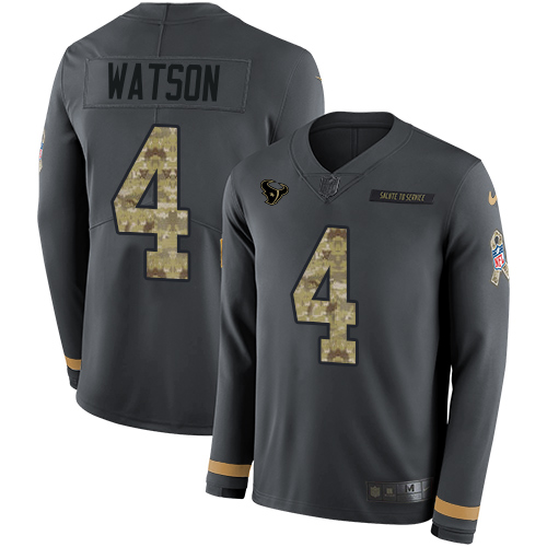 Houston Texans #4 Deshaun Watson Anthracite Salute to Service Youth Stitched Limited Therma Long Sleeve Jersey Youth
