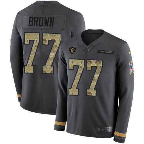 Las Vegas Raiders #77 Trent Brown Anthracite Salute to Service Youth Stitched Limited Therma Long Sleeve Jersey Youth