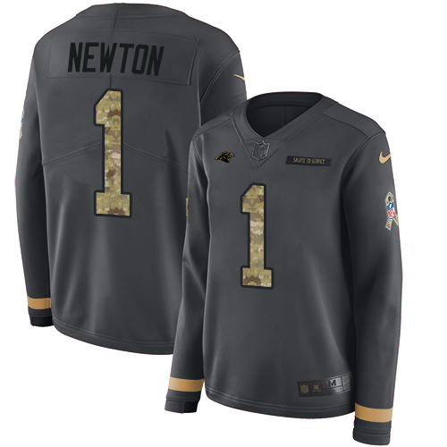 Carolina Panthers #1 Cam Newton Anthracite Salute to Service Women's Stitched Limited Therma Long Sleeve Jersey Womens