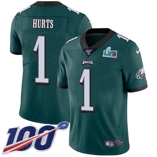 Eagles #1 Jalen Hurts Green Team Color Super Bowl LVII Patch Men's Stitched 100th Season Vapor Limited Jersey