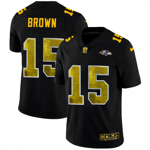 Baltimore Baltimore Ravens #15 Marquise Brown Men's Black Golden Sequin Vapor Limited Jersey Men's