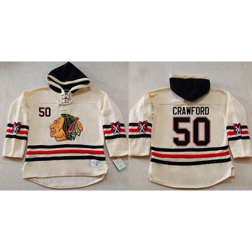 Chicago Blackhawks #50 Corey Crawford Cream Heavyweight Pullover Hoodie Stitched Jersey Men's