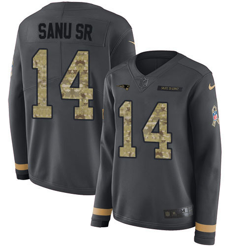 New England Patriots #14 Mohamed Sanu Sr Anthracite Salute to Service Women's Stitched Limited Therma Long Sleeve Jersey Womens