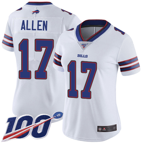 Bills #17 Josh Allen White Women's Stitched 100th Season Vapor Limited Jersey