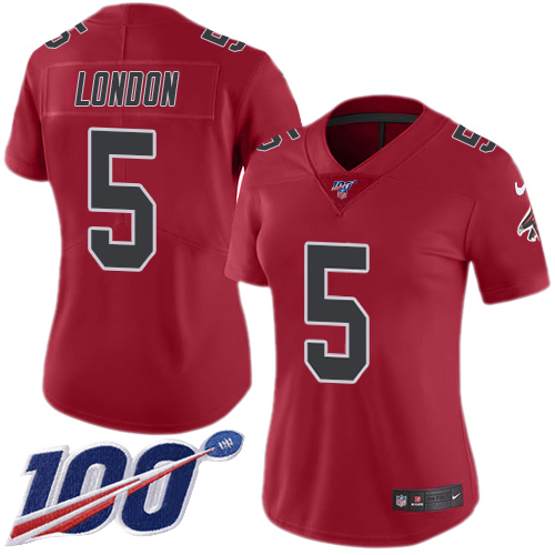 Falcons #5 Drake London Red Stitched Women's Limited Rush 100th Season Jersey