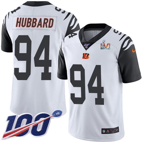 Bengals #94 Sam Hubbard White Super Bowl LVI Patch Men's Stitched Limited Rush 100th Season Jersey