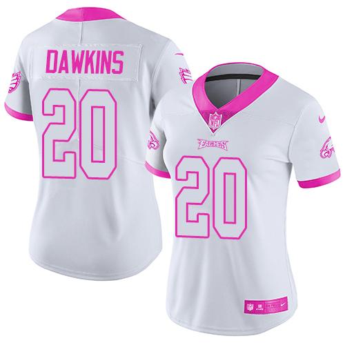 Eagles #20 Brian Dawkins White/Pink Women's Stitched Limited Rush Fashion Jersey